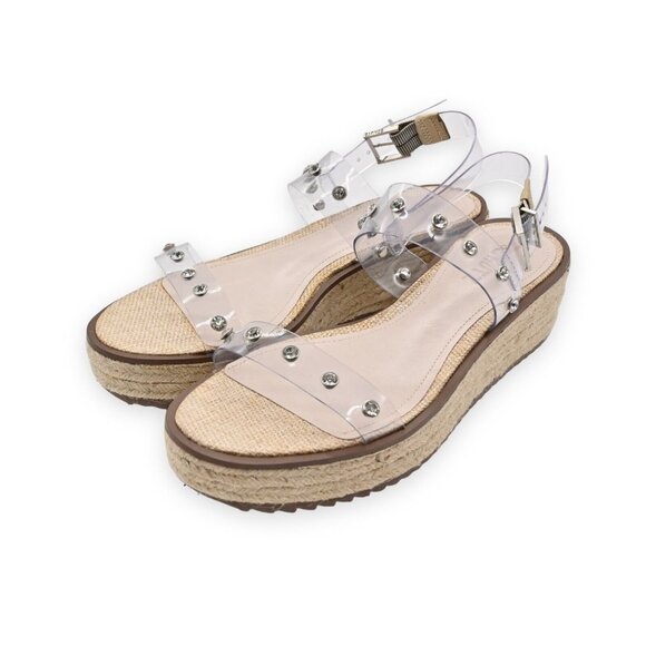 SCHUTZ Cristiane Espadrille Platform Wedge Sandals Womens Sz 7 Clear Rhinestone - Picture 1 of 10